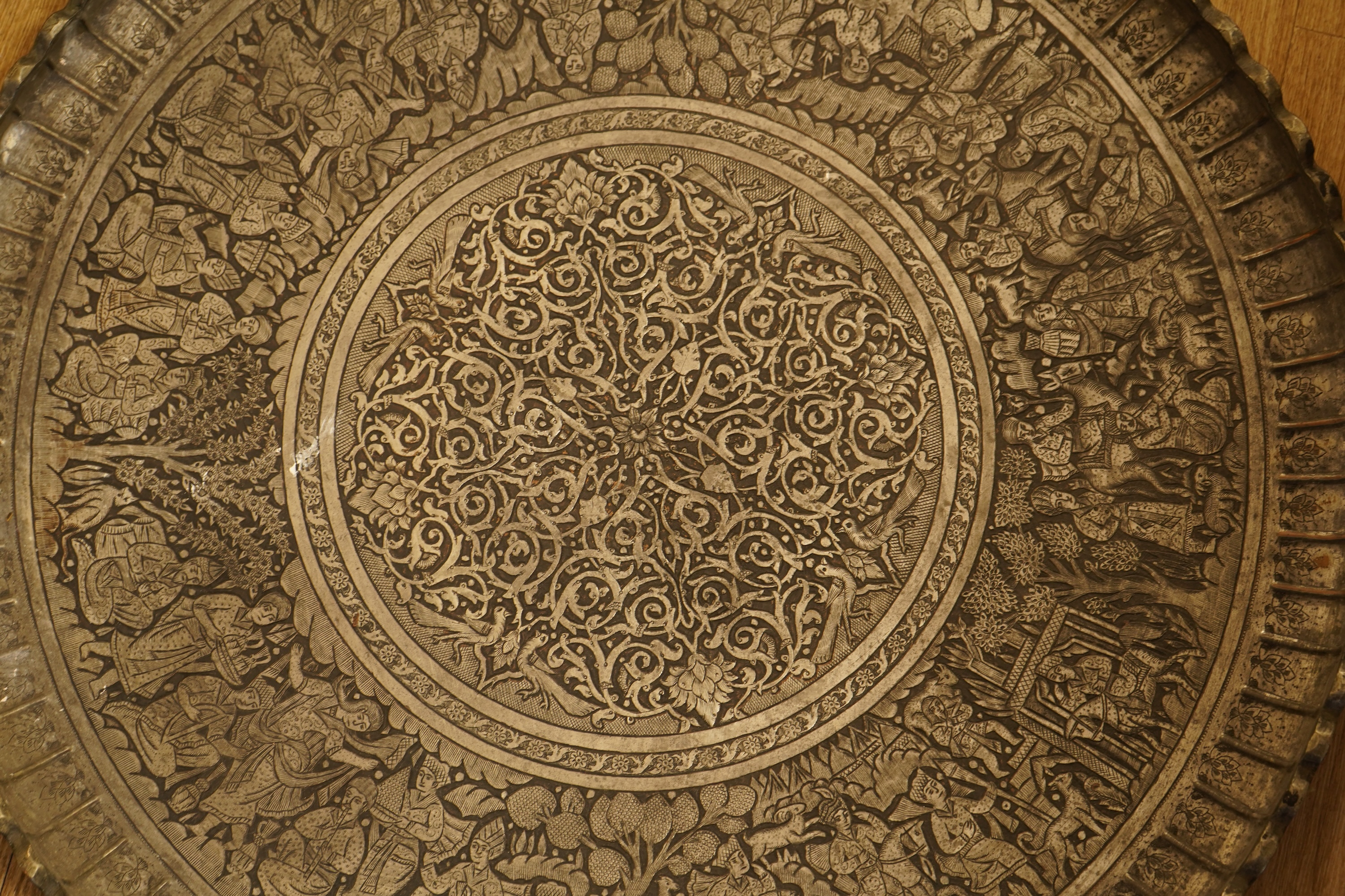 An Isfahan tinned copper tray top, 75cm in diameter